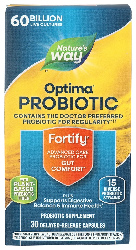 Nature's Way Fortify Optima Probiotic for Adults, 60 Billion Live Cultures, 15 Strains, Gut Comfort *, Stöder Digestive Balance och Immune Health *, Håll kylda, 30 kapslar (Packaging May Vary)