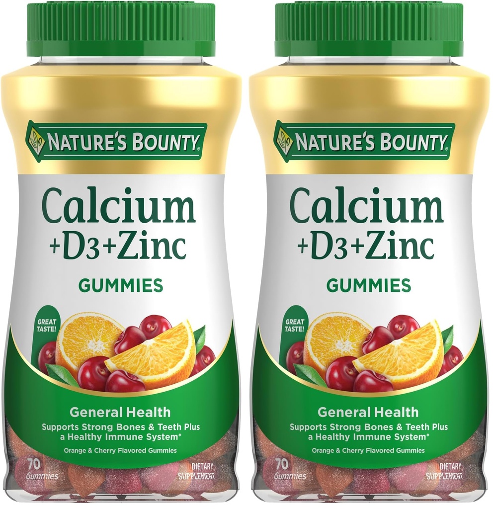 Nature's Bounty Calcium + D3 + Sinkki Gummies, tukee vahva luut ja hampaat Plus terve immuunijärjestelmä, 500mg, oranssi ja kirsikka maku, 70 Gummy (Pack of 2)