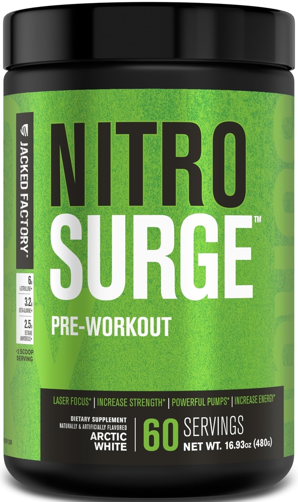 Jacked Factory NITROSURGE Pre harjoitus täydentää - Loputon energia, pikavoimaa voitot, selkeä Focus, Intense Pumput - NO Booster & Powerful Preworkout Energy Powder - 60 tarjoiluja, Arctic White