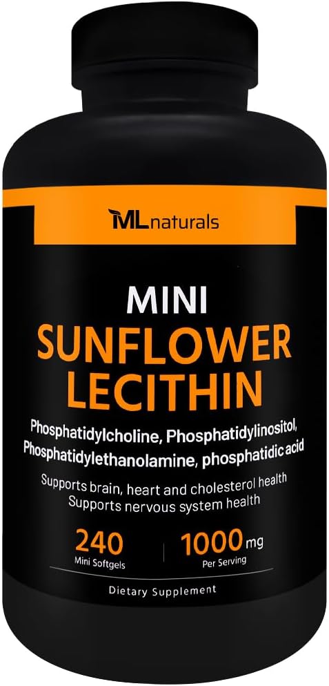 ML Naturals Mini Auringonkukkalesitiini 240 Softgels Fosfatidyylikoliini, fosfatidyylilinositoli, fosfatidyylitanolamiini, fosforihappo, NSF-sertifioitu & cGMP- compliantti