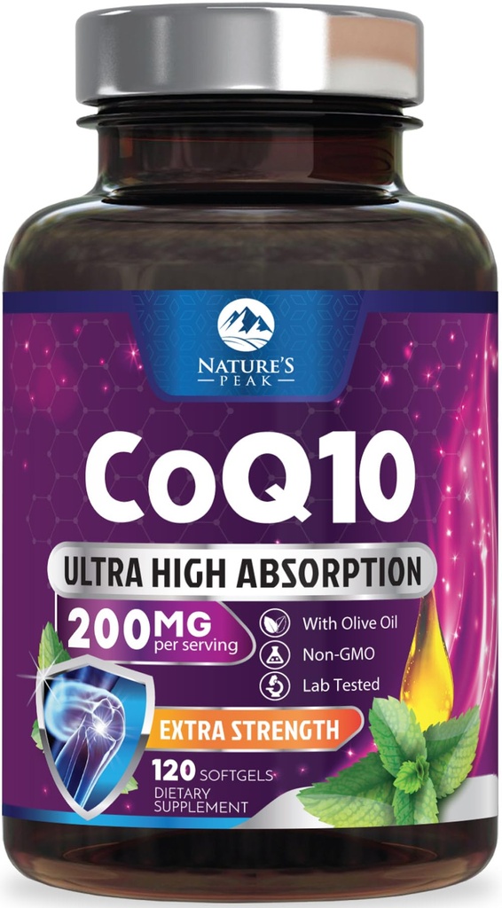 CoQ10 Softgels - Ultra High Absorption Coenzyme Q10 200mg Per Serving - Co Q 10 Softgel Supplement with Black Pepper, Energy & Heart Support Antioxidantti - naisille ja miehille, pullotettu USA - 120 Softgels
