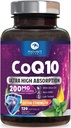 CoQ10 Softgels - Ultra High Absorption Coenzyme Q10 200mg Per Serving - Co Q 10 Softgel Supplement with Black Pepper, Energy & Heart Support Antioxidantti - naisille ja miehille, pullotettu USA - 120 Softgels