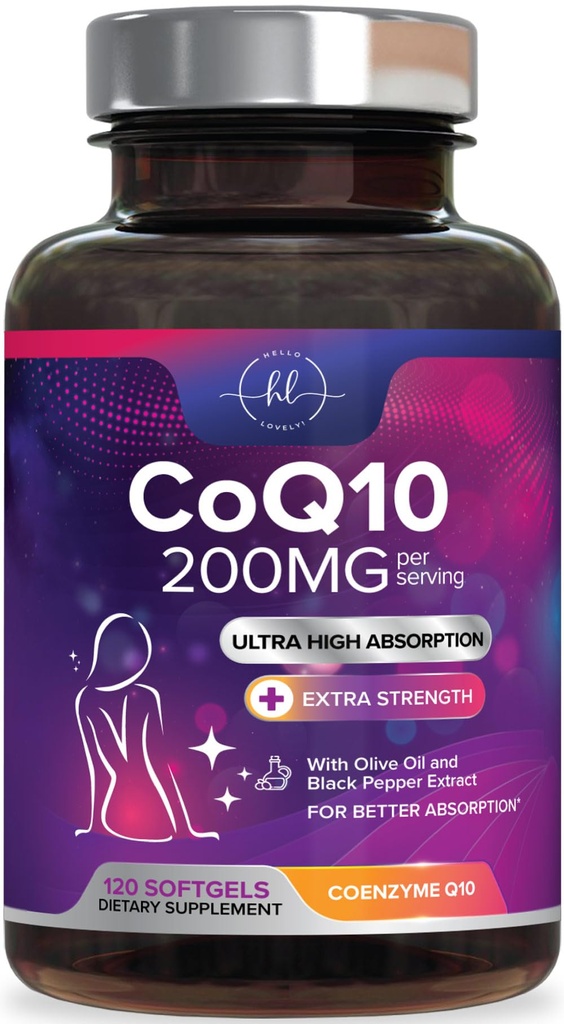 Coenzyme Q10 200mg per tarjoilu täydennysosa - Ultra suuri imeytyminen, antioksidantti sydämen terveyden ja energian tuotannon tuki - CoQ10 (Ubikinoni) Co Q 10 täydentää & vitamiinit 100 mg Each - 120 Softgels