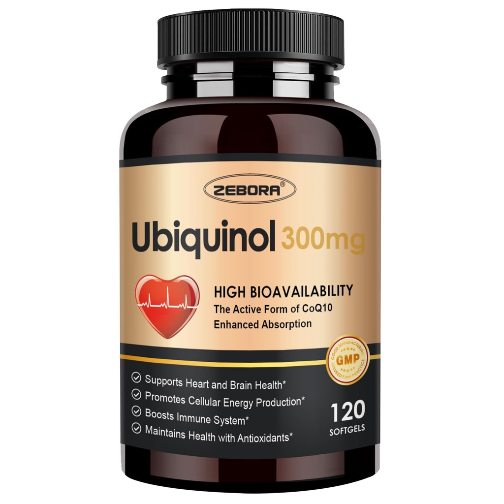 ZEBORA Ubiquinol CoQ10 300mg Softgels, 4-in-1 Tehokas antioksidantti sydämen ja verisuoniston terveydelle, välttämätön energiantuotannossa, Max Imeytyminen Active Form CoQ10, 120 Softgels