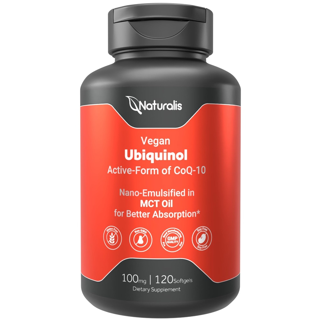 Naturalis Ubiquinol 100mg Active CoQ-10 Emulgoitu MCT-öljyllä parempaan imeytymiseen ... Gluteeniton, ei-muuntogeeninen & soijaton...