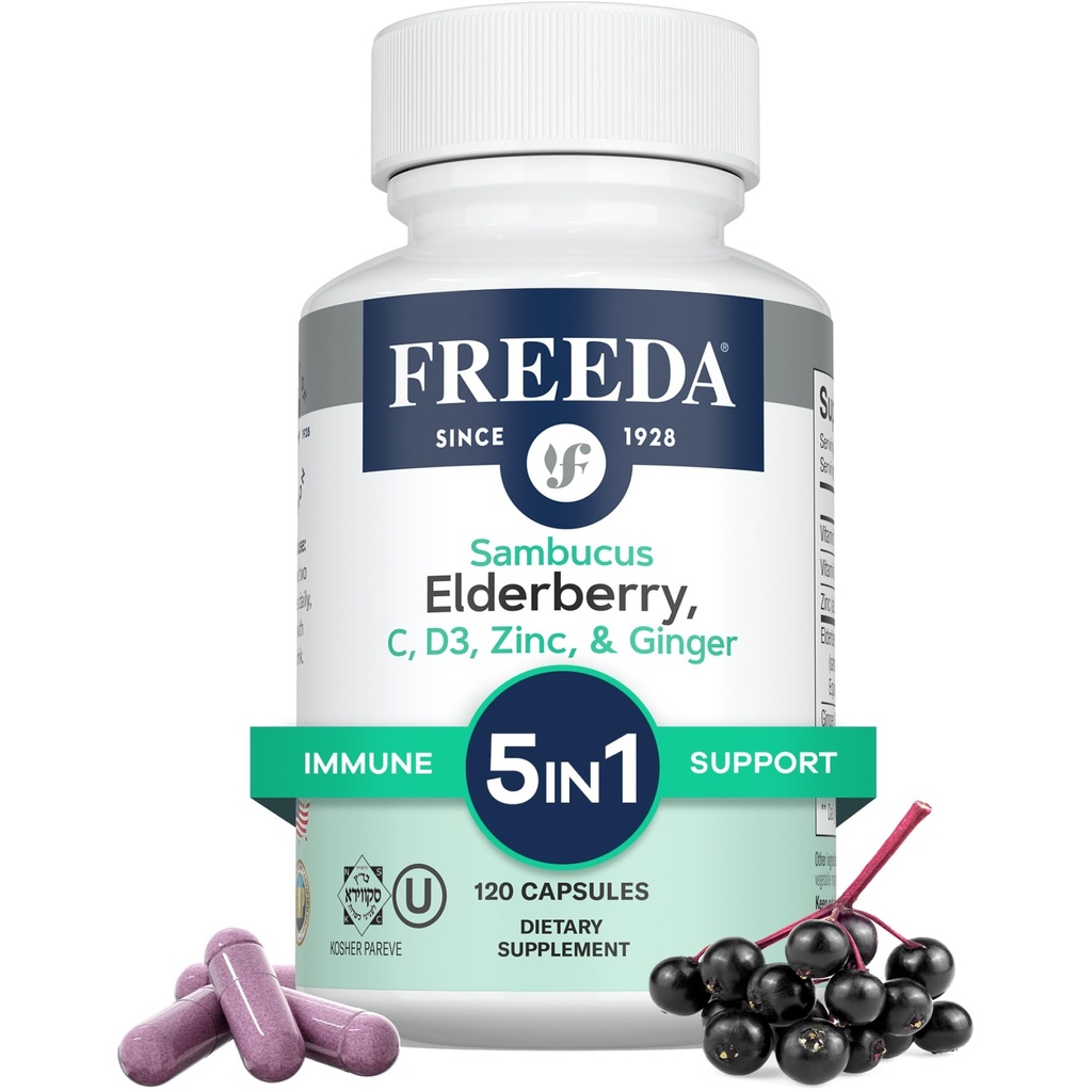 FREEDA Sambucus Elderberry med vitamin C, Zink, vitamin D3 & Ginger - 5 i 1 Herbal Antioxidant Immune Support Supplement för kvinnor och män - Gluten Free Adult Elderberry Capsules, USA Made (120 Count)