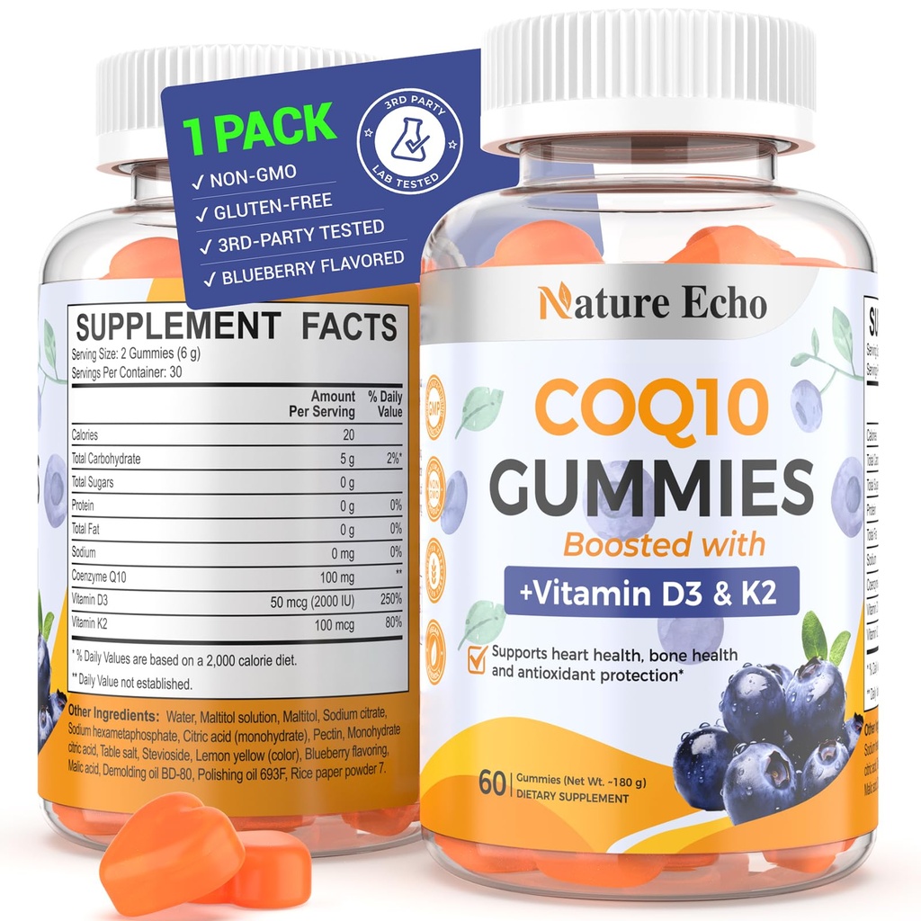 Nature Echo® CoQ10 Gummies 100mg, CoQ10-lisä D3-vitamiinilla ja K2-vitamiinilla, Coenzyme Q10-lisäaine Blueberry Flavor, Sokeriton, Heart Health, Bone Support & Antioksidantti, Vegan, ei-GMO 60 Gammaa