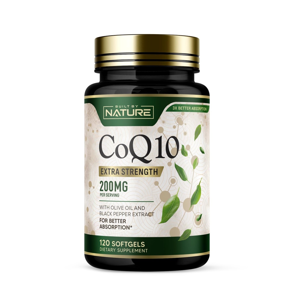 Rakennettu Nature CoQ10 200 mg Coenzyme Q10 Olive Oil ja Black Pepper for High Imeytyminen ... Kannattaa Heart Health & Energy ... Antioksidantti täydentää... 2 kuukauden toimitus, 120 Softgels