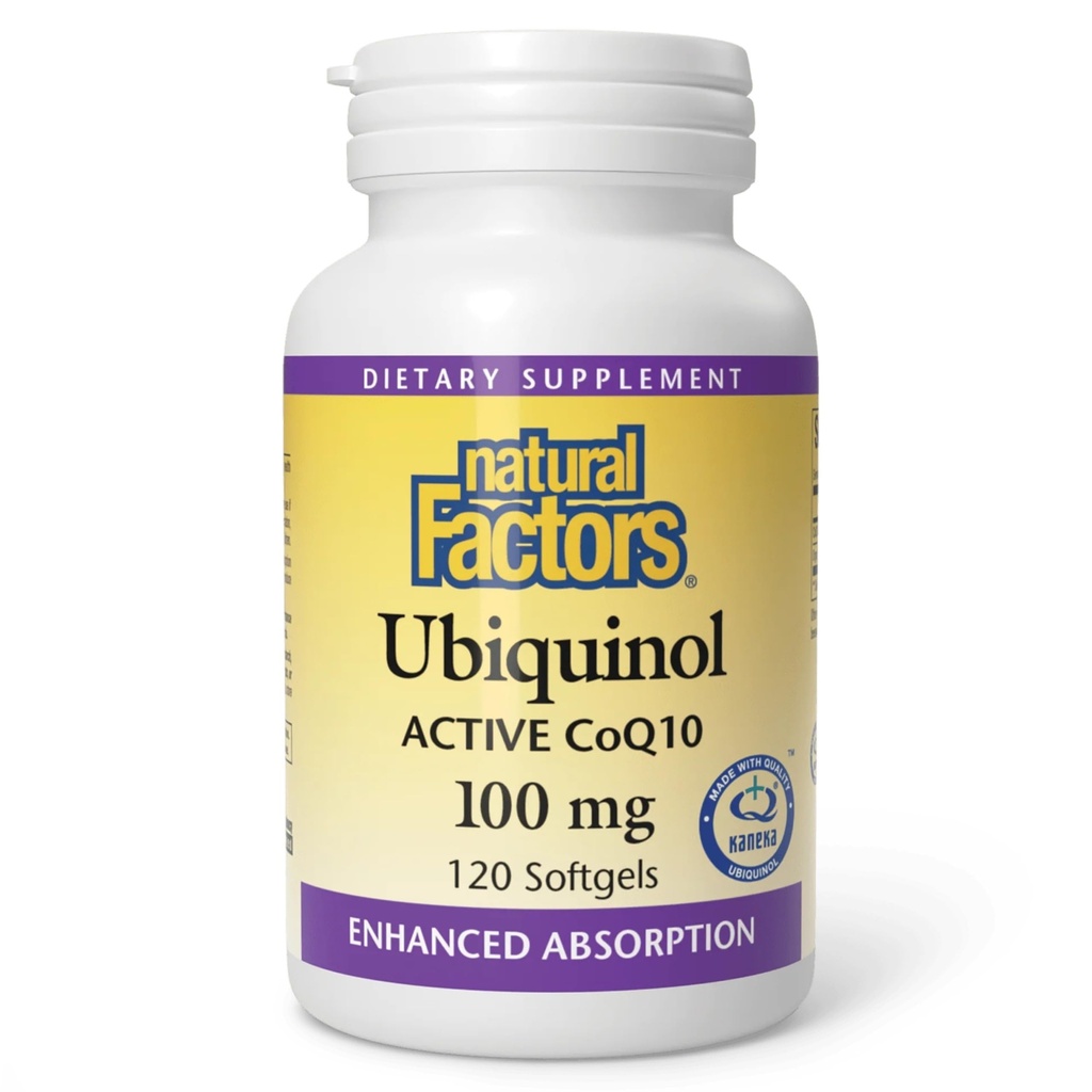 Natural Factors Ubiquinol 100 mg - Tukee Heart Health & Natural Vitality - Antioksidantti Support Superior Imeytyminen - Energy Support Pellavaöljy - 120 Softgels (120 Servings)