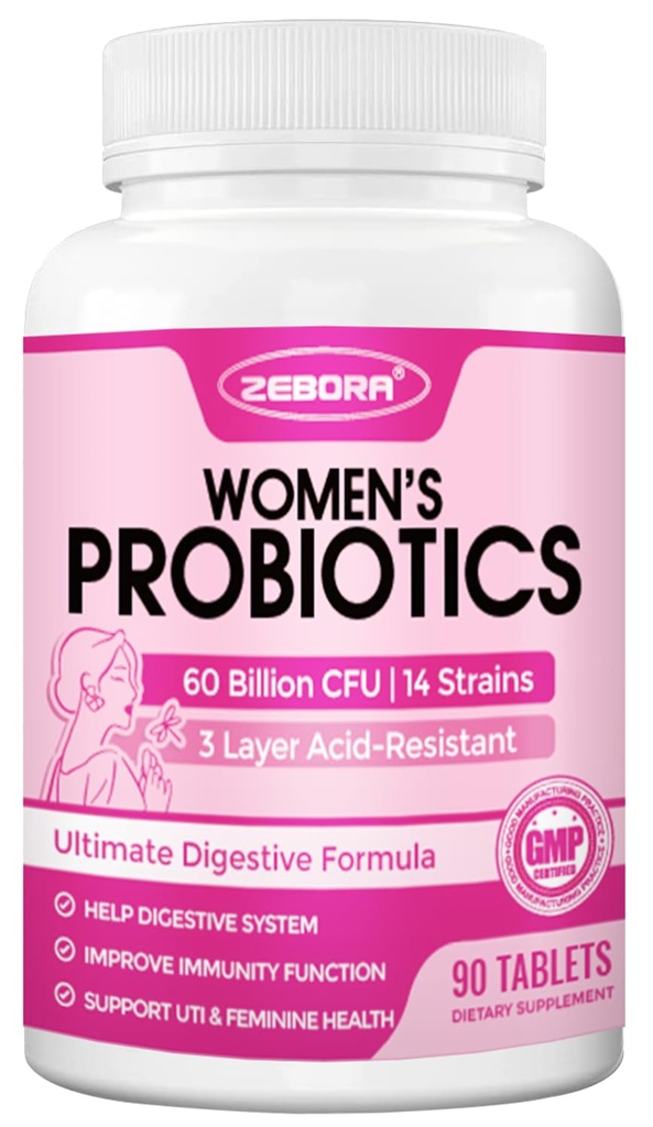 ZEBORA Probiootit naisille Ruoansulatusterveys, prebiootit ja probiootit 60 miljardia Immuuneja ja Gut Health, Gluteeniton & soijaton, 90 tablettia