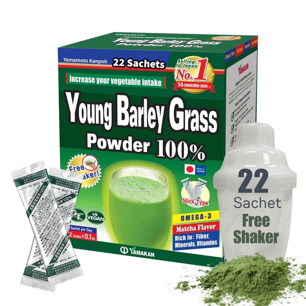 Yamamoto Kanpoh YAMAKAN Barley Grass Juice Powder, Young Barley Grass Powder Rich i mineraler, vitaminer och växtbaserade protein för kvinnor och män, gräsjuice från Japan, Non GMO 22 Count