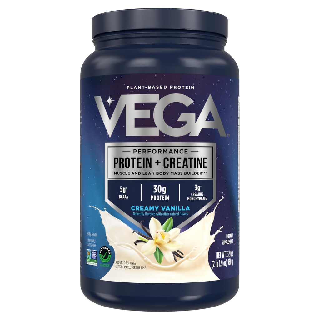 Vega Protein + Kreatin - 30g Plant-Based Protein, Vanilla, 20 portioner, 3g Kreatin, 5g BCAA, Vegan, Keto, Gluten Free, Dairy Free, Low Carb, för Muscle Growth & Repair, Drink Mix, 33.9oz