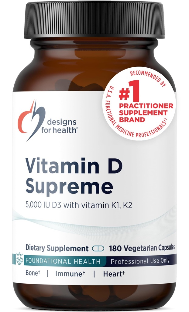Designs for Health D-vitamiini Supreme - D-vitamiini 5000 IU ja 2000mcg K-vitamiinia MK4 Bone Health, Heart Health, Mood & Immuuni tuki - D3-vitamiinia parannettu GG-lisä (180 kapselia)