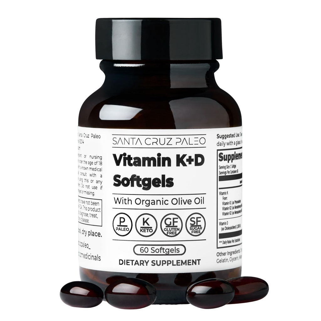 Santa Cruz Paleo K2-vitamiini + D3 Softgels, päivittäiset lisäravinteet luomuöljyllä, sisältää K1-vitamiinia & kaksi K2-tyyppiä, tukee sydän- ja luuterveyttä, gluteeniton, sokeriton, Paleo, Keto, 60