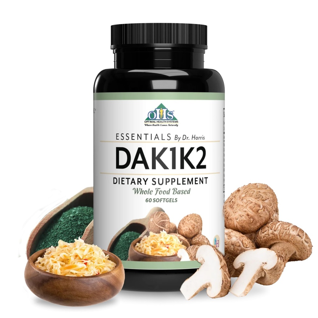Optimala hälsosystem Essential DAK1K2 | Vitamin D3 + A + K1 + K2 Immune Support, Bone Health, & Heart Health | Vitamin D w / MK-7 | 5000 IE | (Non-GMO, Whole Food, Gluten-Free) 60 Softgels