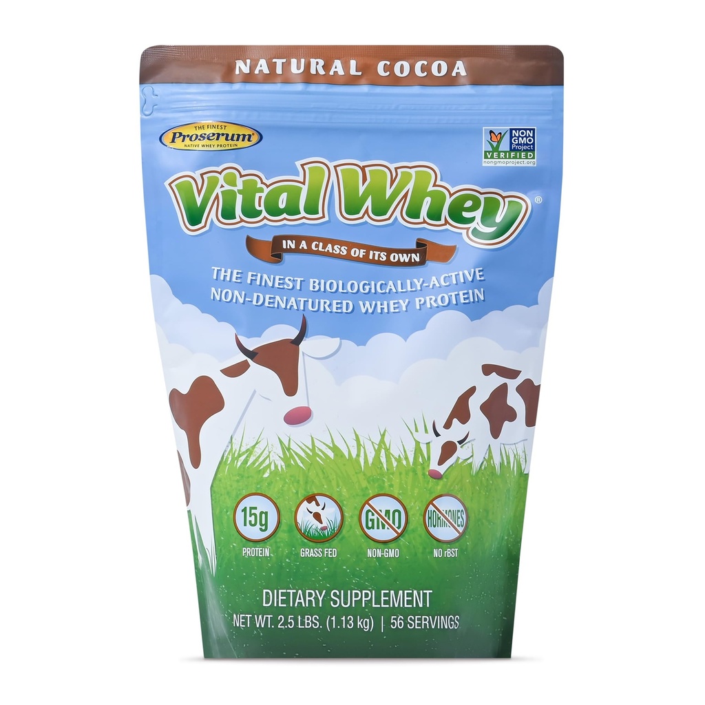 Grass-Fed Whey Proteinpulver för immun vitalitet, Natural Cocoa 2.5lbs (56 portioner), 15g Protein Per Servera, Vital Whey, Clean Holistic, Wellness Nutrition