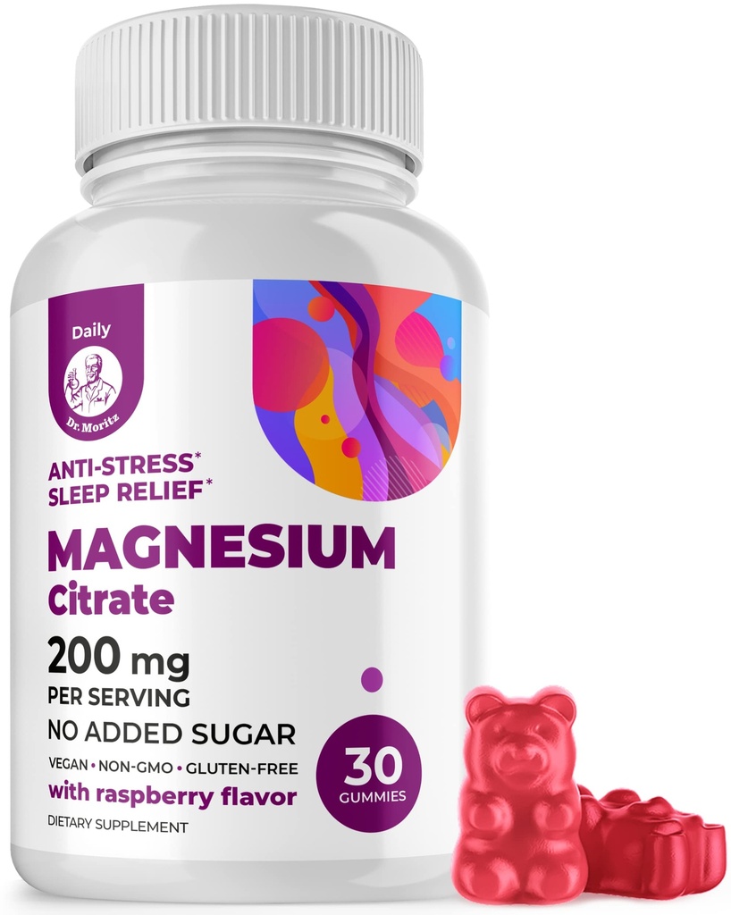 DR. MORITZ Magnesium Citrate Gummies aikuisille - Sokeriton rauhallinen Magnesium Gummies - Tukee kardiovaskulaarisia terveys- vadelma maku - ei-GMO, 200 mg (30 kreivi)