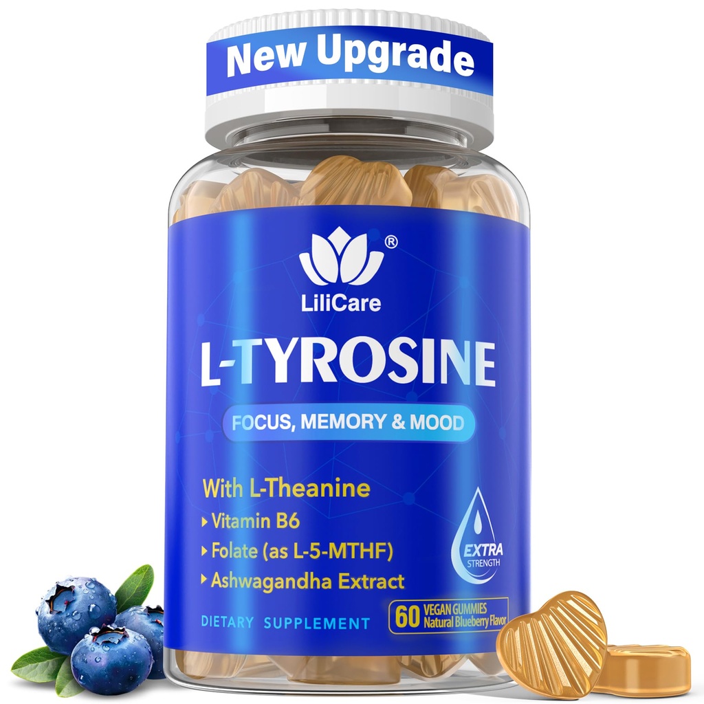 L Tyrosine Focus Supplement Gummies 1100mg aikuisille, Aivolisäkkeet muistia ja keskittyä, L-tyrosine Gummies Ashwagandha, I-Theanine rauhoittaa & mieliala - B6-vitamiinia ja B9 energia-vegan, 60ct