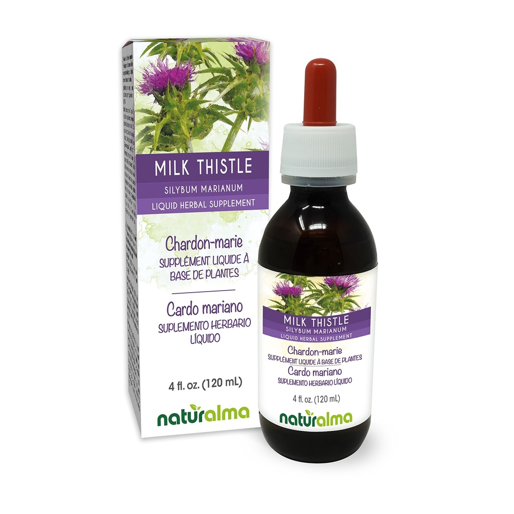Naturalma Milk Thistle (Silybum marianum) Hedelmät ja yrtit Alkoholiton Tincture - 4 fl oz Liquid Extract in Drops - Herbal Supplement - Vegan