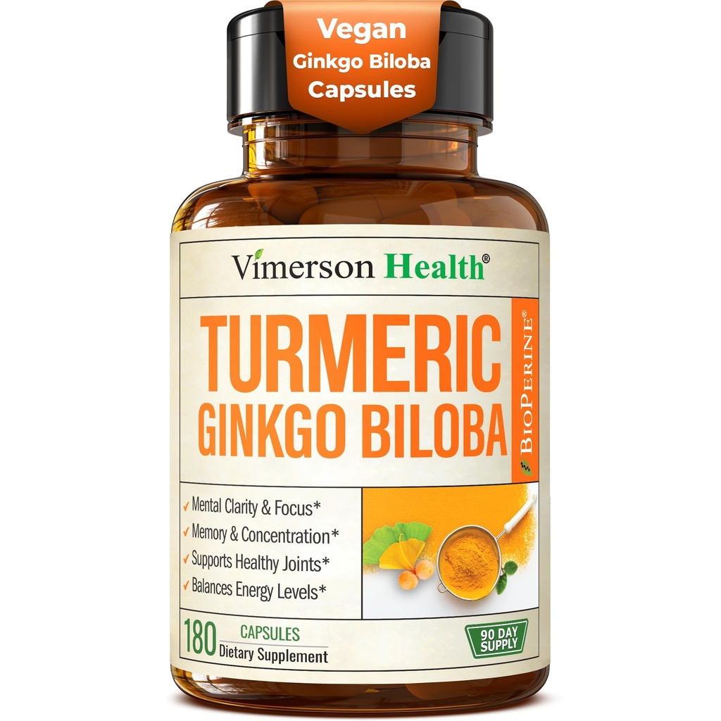 Ginkgo Biloba lisäravinteet kurkumalla ja mustapippurilla korkeaan imeytymiseen - Ginko Biloba -kapselit Curcuma for Focus, muistituki, Joint & Brain Health - nonGMO - 180 vegan -kapselit