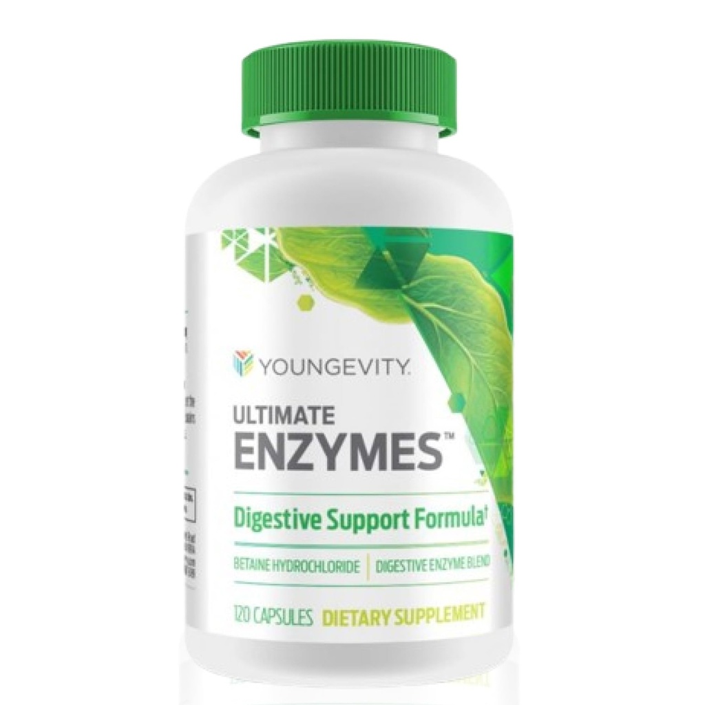 Youngevity Ultimate Enzymes® - Multi Enzymes for Digestion, Gas & Bloating Relief - Betaine HCl, Ox Bile, haima 10X, Papain 6M, Pepsin 1:3000 (120 kapselia)