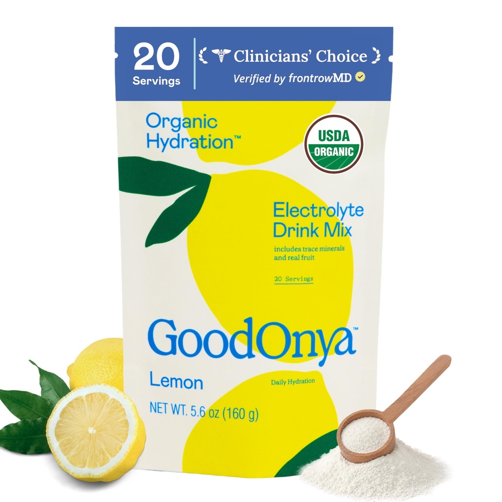 GOODONYA Organic Hydration Electrolyytti juoma Mix, Certified Organic Hydration Powder, ei-GMO, Biochecks Glyfosaatti ilmaiseksi, alhainen sokeri, sitruunan maku, Ei keinotekoisia makuja, 20 tarjoilua
