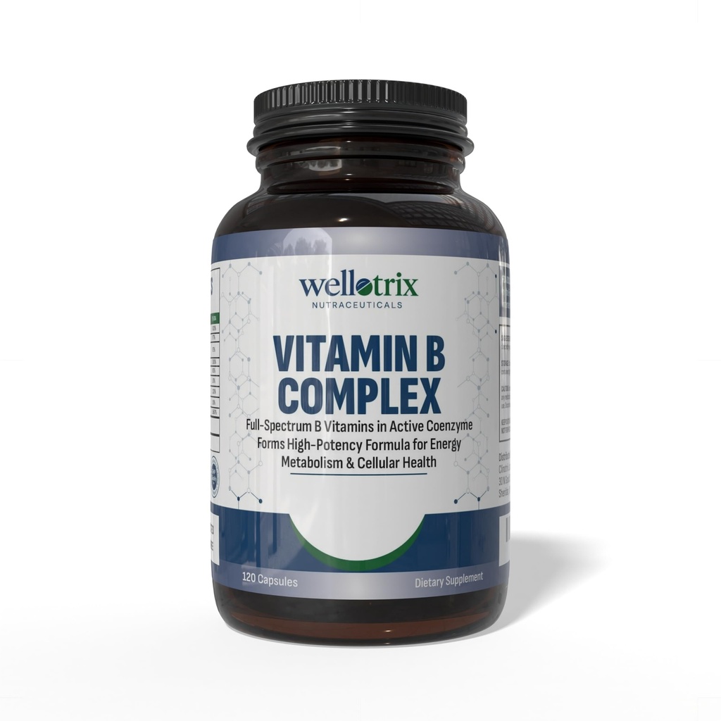 Wellotrix Advanced B-Complex - Full Spectrum av 8 Essential B-vitaminer (B1, B2, B3, B5, B6, B7, B9, B12) i aktiva koenzymformer - Stöder energimetabolism och cellulär hälsa - 120 kapslar