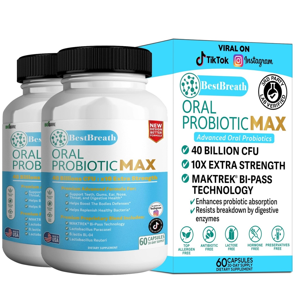 BestBreath Oral Probiootti MAX - 40 miljardia PMY - Tuki hampaat, Gums, Korva, Nenä, Kurkku & Ruoansulatus - 60 kapselia (2)