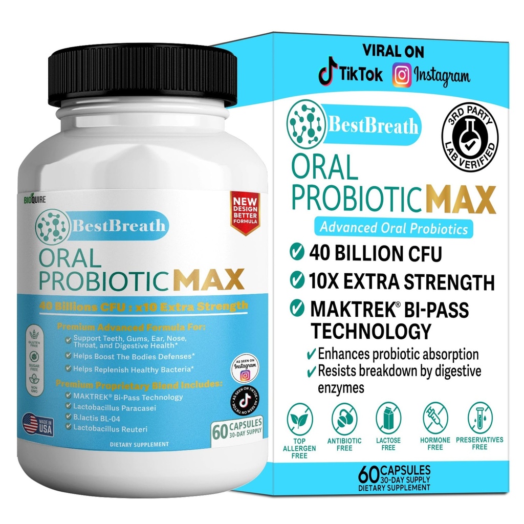 BestBreath Oral Probiootti MAX - 40 miljardia PMY - Tuki hampaat, Gums, korva, nenä, kurkku ja ruoansulatus - 60 kapselia (1)