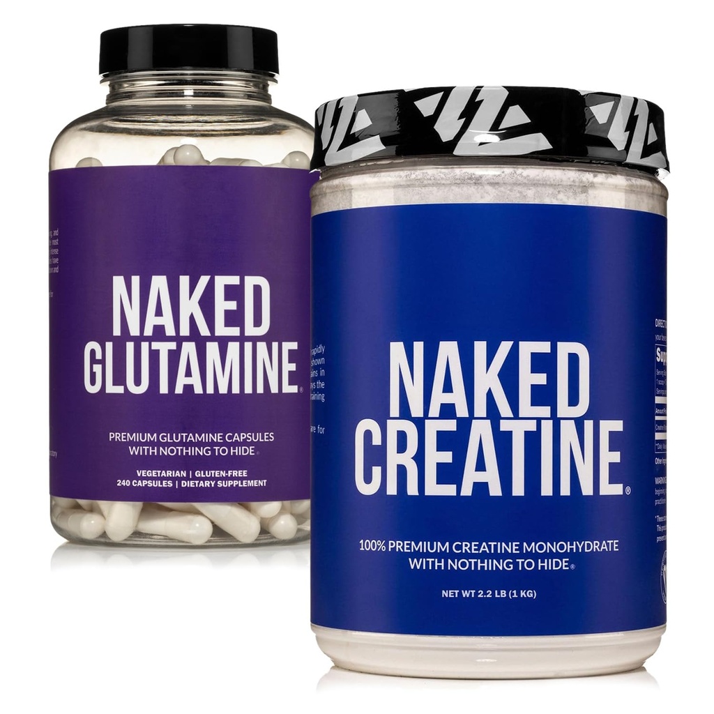 NAKED Pure Micronized Creatine Monohydrate 200 Servings + Pure L-Glutamine 240 Capsules Bundle: Vegan, Non-GMO, Gluten Free. Minimera Muscle Breakdown & Improve Protein Synthesis. Ingenting artificiell