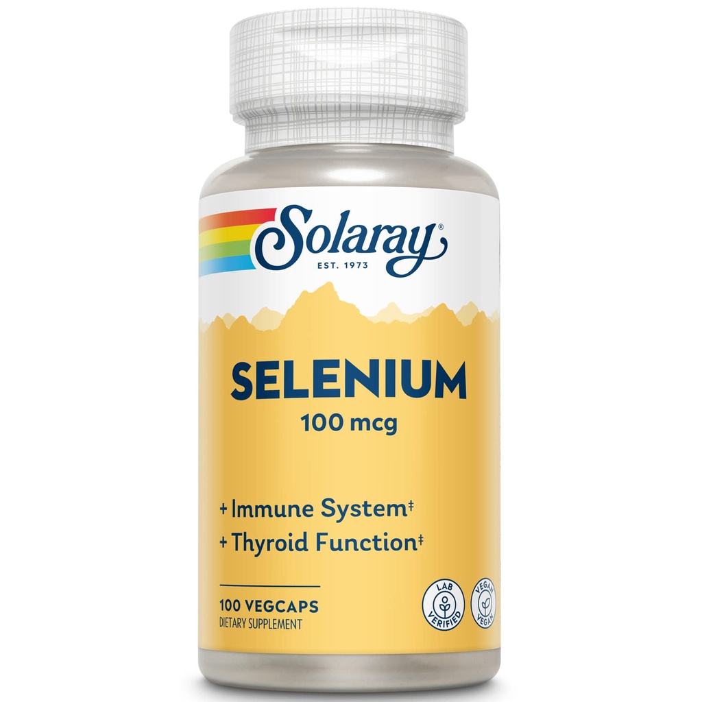 Solaray Selenium 100 mikrog, terve immuunijärjestelmä, kilpirauhasen toiminta ja antioksidantti tuki, vegaaninen, Lab todennettu, 60 päivän takuu, 100 palvelinta, 100 VegCaps