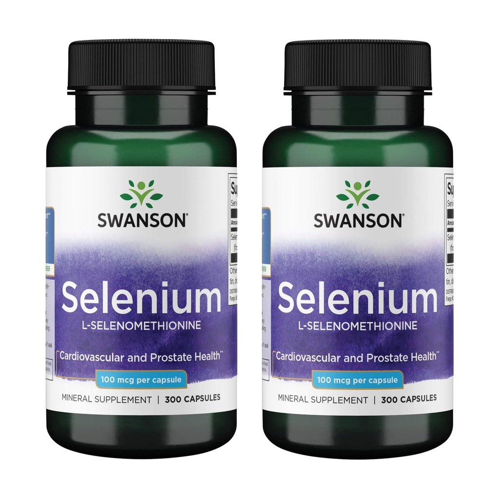 Swanson Selenium (L-Selenometioniini) - Herbal Supplemented Heart Health & Prostate Health - Voi tukea Immuunijärjestelmän & Kilpirauhasen terveys - (300 kapselia, 100 mikrog Each) (2 pakkaus)