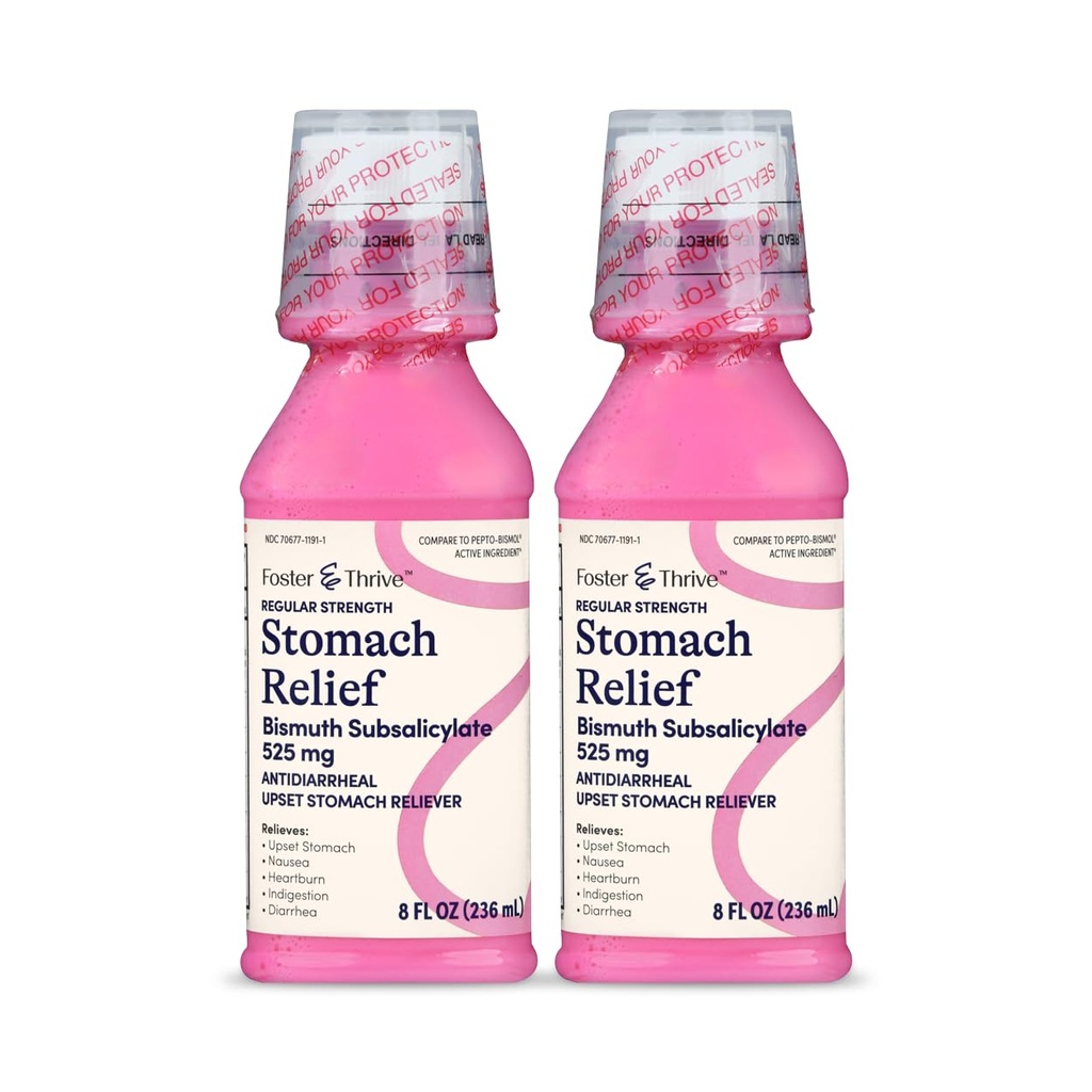 Foster & Thrive Stoach Relief Liquid for Pahoinvointi, närästys, ruoansulatushäiriöt, vatsavaivat, ripuli - nopeat oireet, ripuli, vismutti subsalisylaatti 525 mg, alkuperäinen, 8 oz (pakkaus 2)
