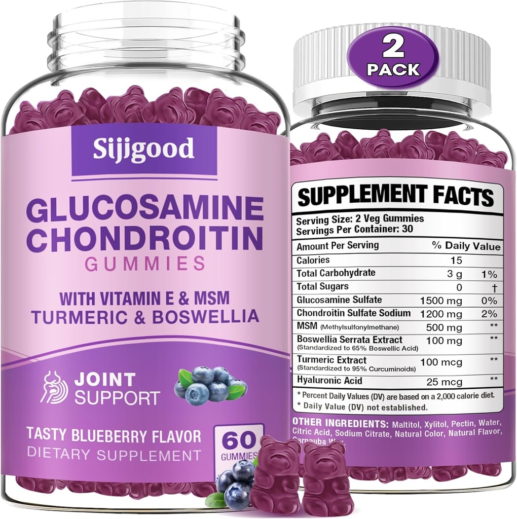 2 pakkaus Glukosamiinikondroitiini Gummit, extra vahvuus Glukosamiini Chondroitin MSM kanssa Elderberry & Turmeric, Joint Health, Joustavuus, antioksidantti, Immuuni aikuisille-Blueberry maku, 120 Gummy
