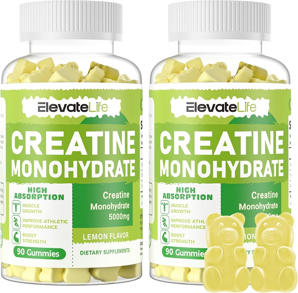 ElevateLife Creatine Monohydrate Gummies 5g för Män Kvinnor - Sugar Gratis Chewable Supplement. 180 Gummies Lemon