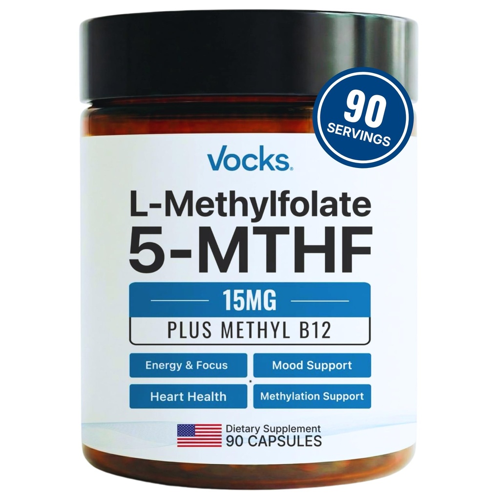 Vocks L Methylfolate 15mg 5-MTHF + Methyl B12 | High Potency Methylfolate Supplement | Active Methylated Folate Vitamin B9 | MTHFR Supplement | Folat Supplement för kvinnor och män | 90 kapslar