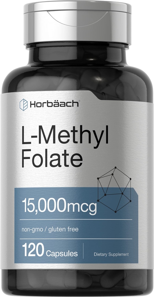 Horbäach L Methylfolate 15000 mcg | 120 kapslar | 15mg Methyl Folate | 5-MTHF | Non-GMO, Gluten Free Supplement