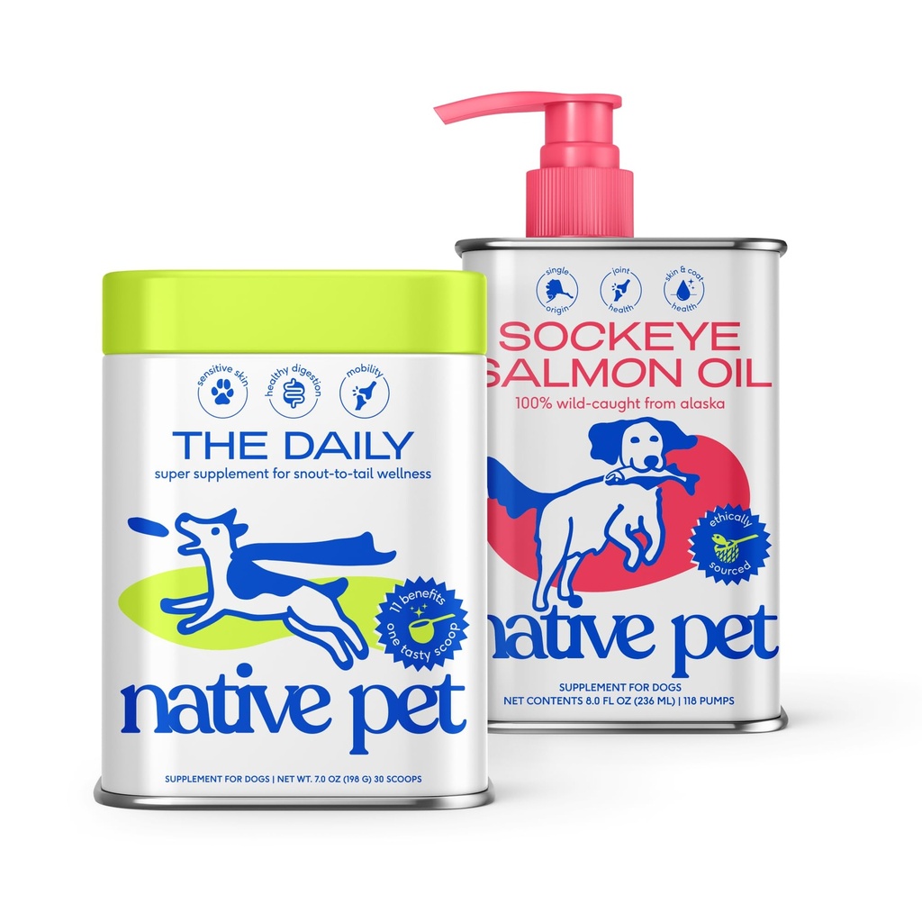 Native Lemmikkieläimet Päivittäinen lisäravinteet (30 Scops) & Salmon Oil for Dogs & Cat (8 Oz) - 11 in 1 Multivitamiini & Pure Omega-3 Fish Oil Supplement for Skin & Coat, Joint, Heart Health & Anti-inflammatory