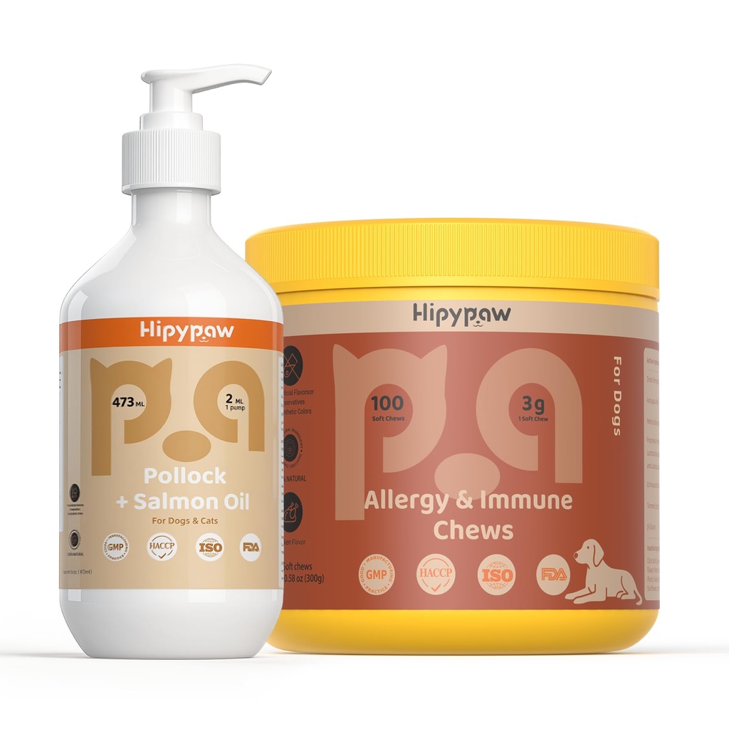Koiran iho & allergia Tuki Bundle: Kalaöljy Omega 3 + Allergian lievittäminen purut kutiava iho, immuuni ja ruoansulatus