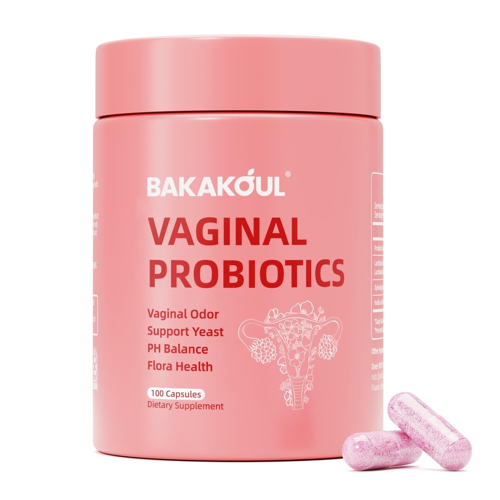 BAKAKOUL Vaginal Probiotic med Prebiotics & Lactobacillus Probiotic Blend pH Balance för kvinnor,Vaginal Health Supplement,Reduce Vaginal Odor & Vaginal Flora,100 Count (Pack av 1)