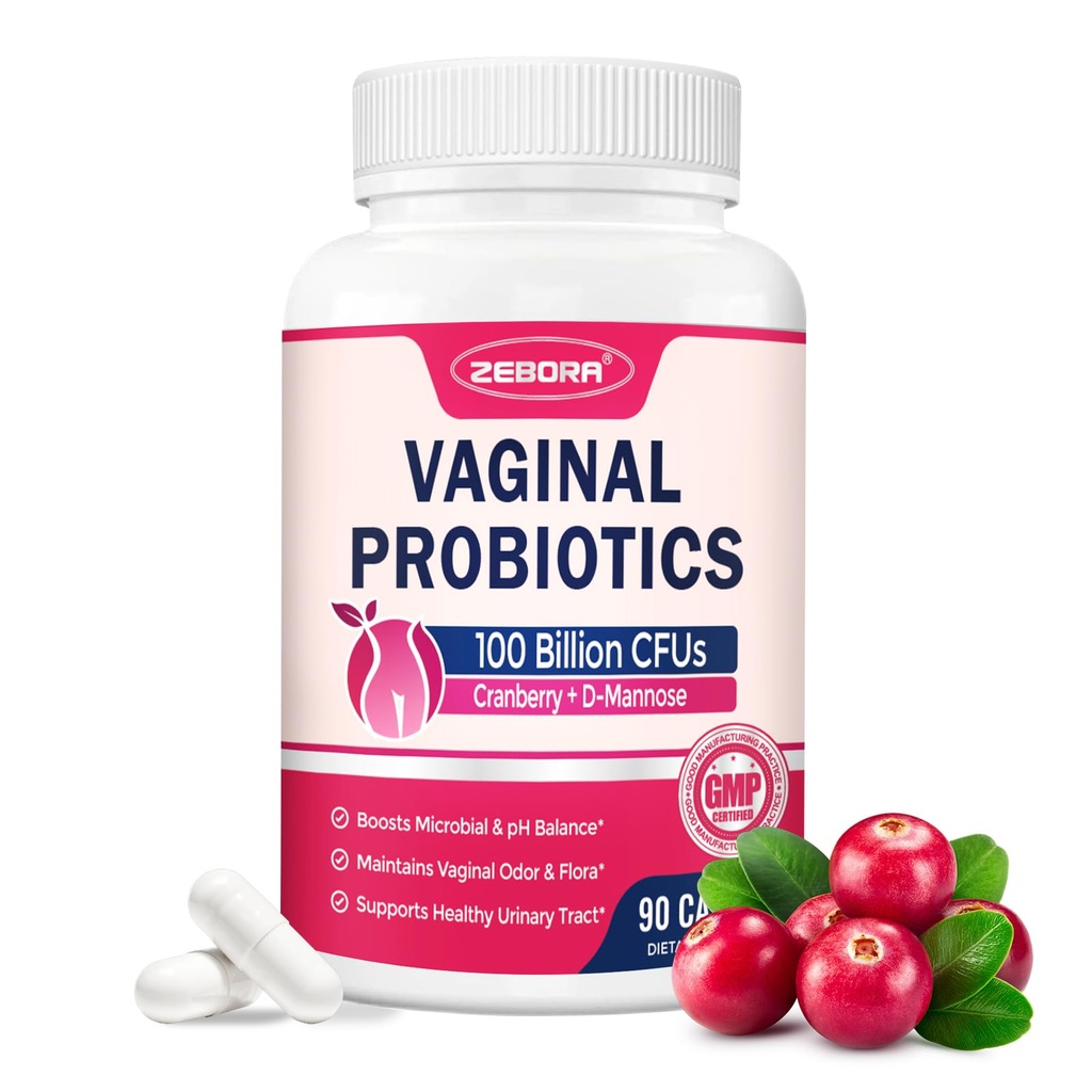 ZEBORA Vaginal Probiootit naisille 100 miljardia PMY, Probiootti Ruoansulatuselimistön ja emättimen pH tasapaino & virtsateiden terveys, orgaaninen karpalo & prebiootit, 90 kasviskapselit