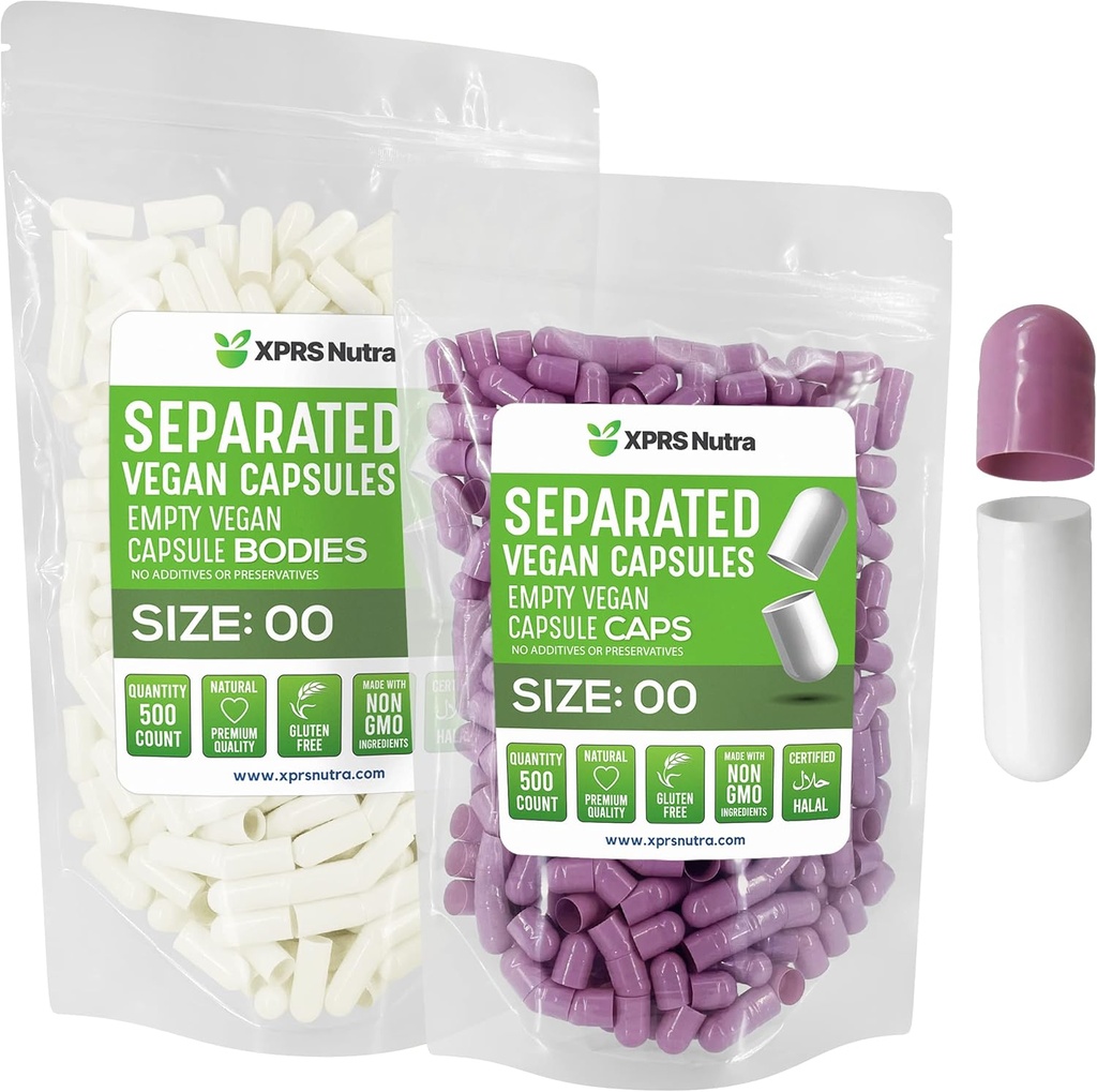 XPRS Nutra Vegan Koko 00 Erilliset kapselit - 500 Count Premium Tyhjät kapselit Erotettu laukkuihin - 00 pillereitä Tyhjä DIY täydennystä (Laventeli/valkoinen)
