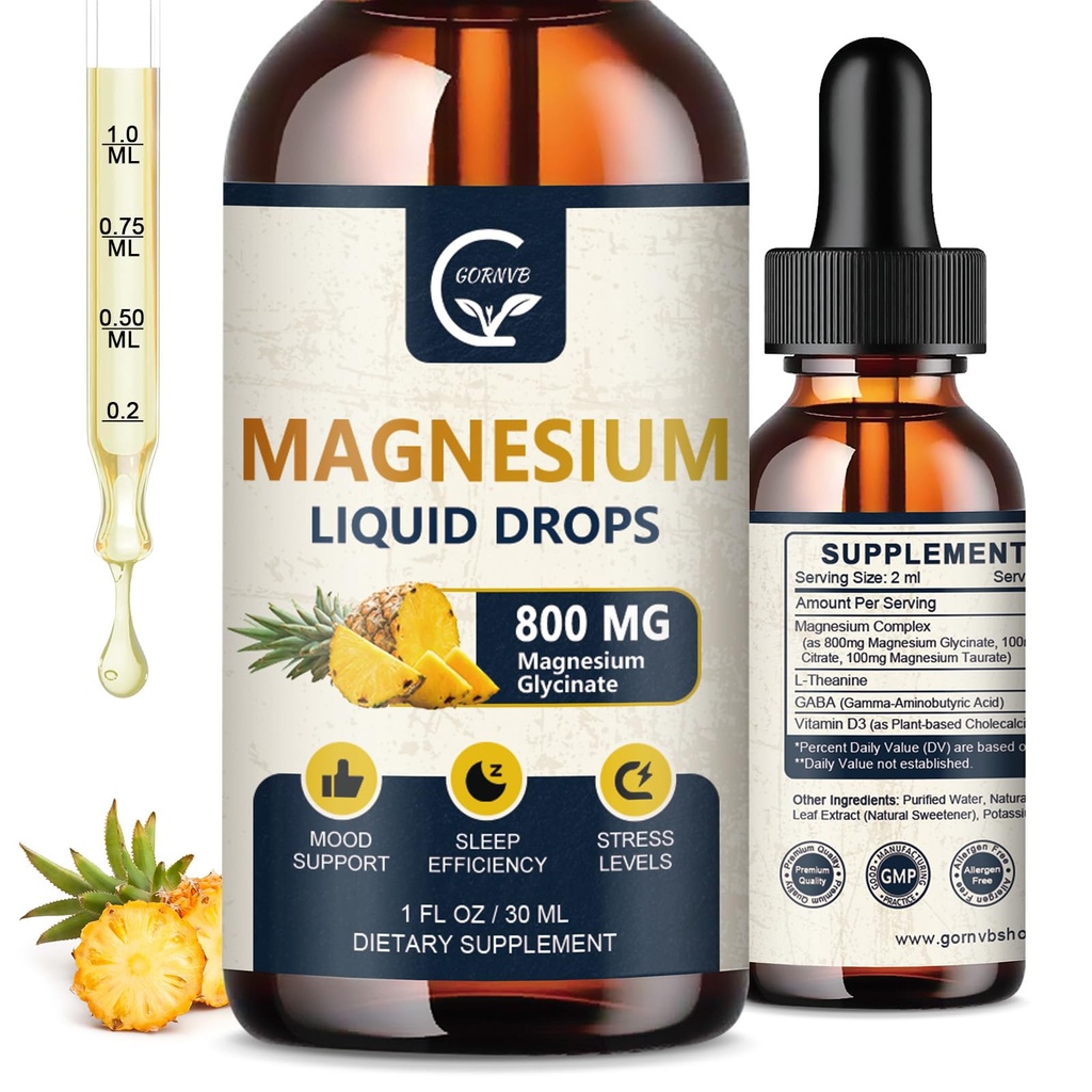 (2 Pack) Magnesium Glycinate Liquid Drops | 1000mg Liquid Magnesium Complex med D3, L-Thea & GABA för energi, sömn, nerv och hjärthälsa, hög absorption, ananas smak