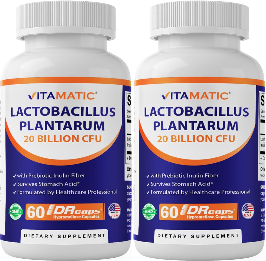 Vitamatic Lactobacillus Plantarum - 20 miljardia per DR-kapseli - 60 Count - Ruoansulatuskanavan tuki - Valmistettu prebioottisella inulin Fiber-2 Pack