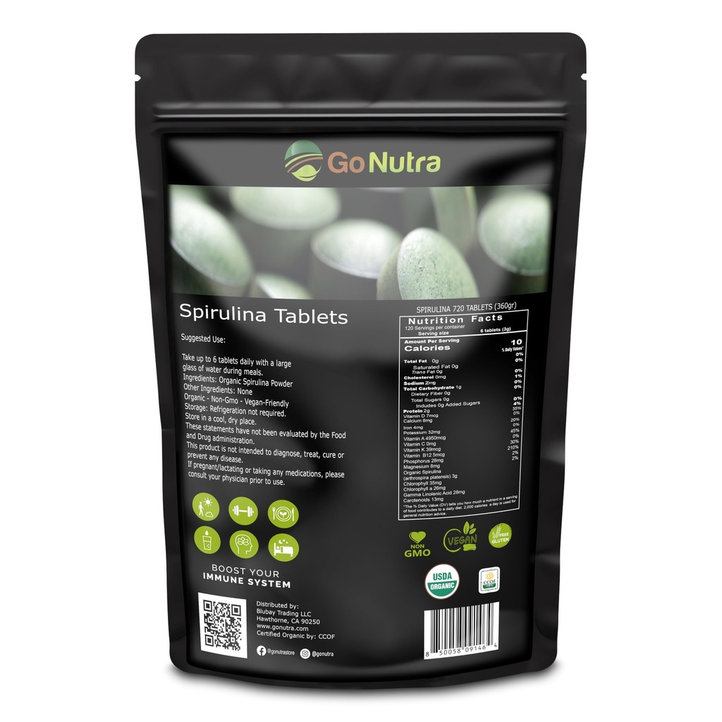 Go Nutra Organic Spirulana Tabletit ...Rutrient Dense Organic Spirulina Superfood ... Proteiini, vitamiinit, mineraalit, kuidut, Aminohapot... Ei täytettä, ei GMO:ita, Vegan 500 mg, 720 t.