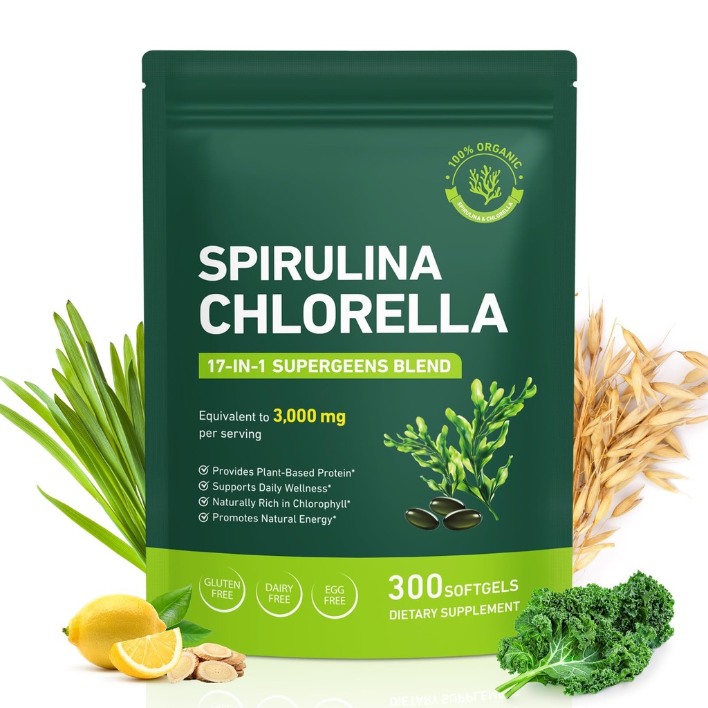 Spirulina Chlorella Capsules 3100mg -Vegan Green Superfood, 50/50 Algae Blend för Immune Support & Energy -Rich in Protein,Chlorophyll,Vitamins & Minerals, 300 kapslar