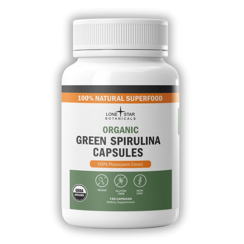 Lone Star kasvitieteet Organic Spirulina kapselit 100% puhdas sinivihreä Algae, Ei Fishy Smell, Superfood Supplement, Vegan, ei-GMO, Gluteeniton (120 kreivi, Vihreä Spirulina)