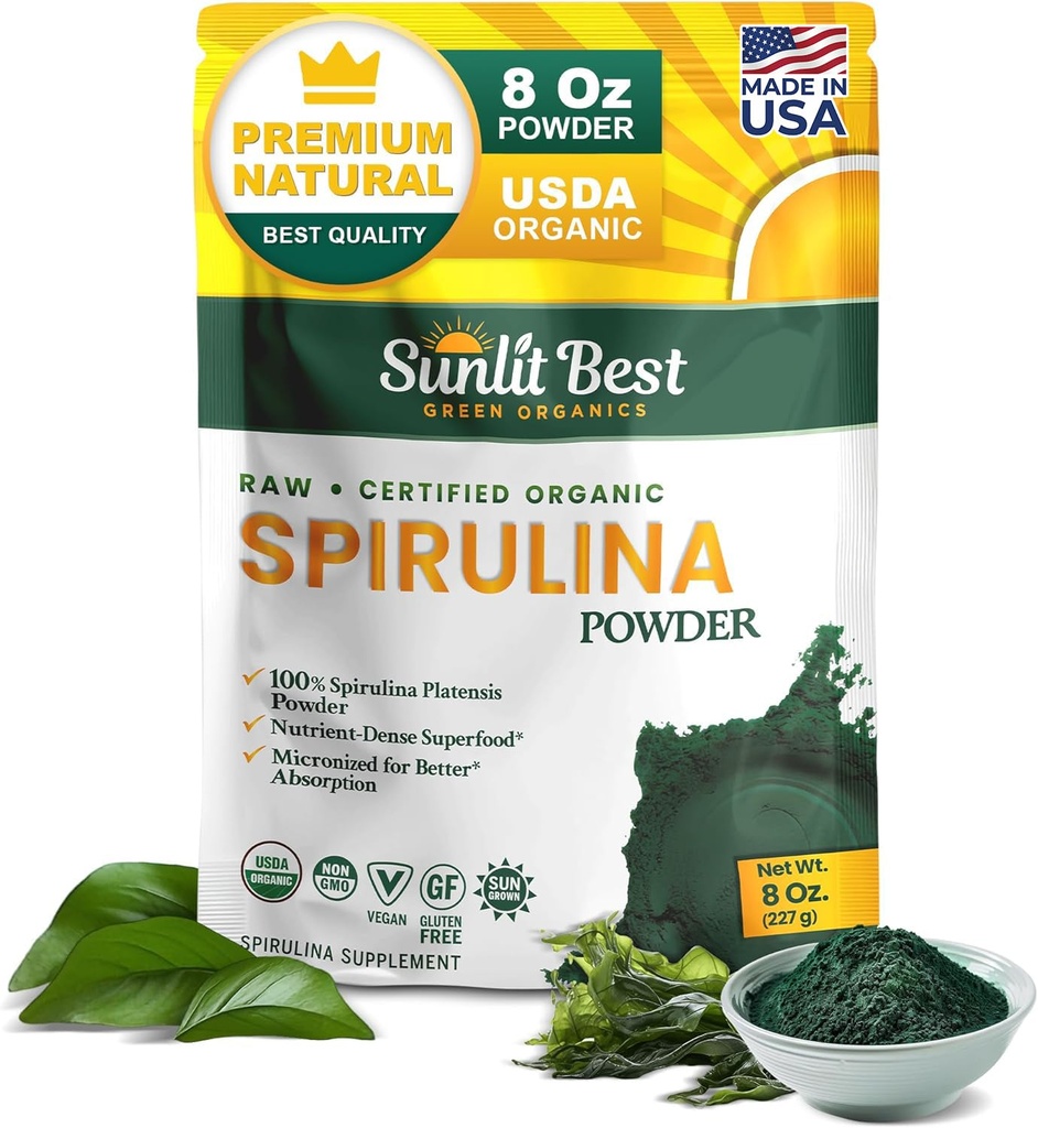Sunlit Best Spirulina Powder Organic USDA - klorofylli, nopea imeytyminen, sinivihreä Spirulina Algae, Raw Vegan Protein - Ei-GMO, Gluteeniton Superfood Energy, Gut, Immunosupport Supplement - 8 Oz