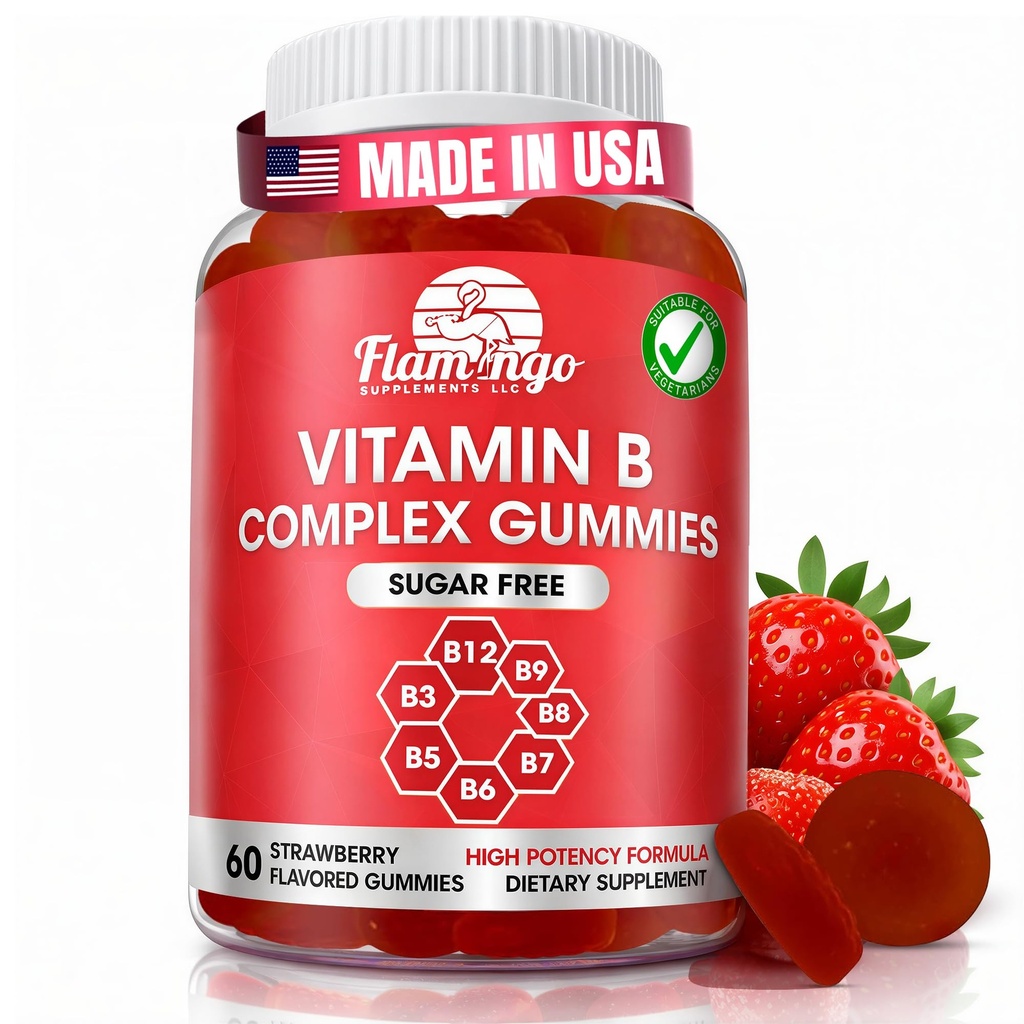 Sokeriton B-vitamiini Complex Gummies - B12-vitamiini, B7, B6, B3 (Niasiini), B5, B8, B9 (Folate) - Kolmas osapuoli testattu prenataali, vegaaninen ruokavalio, Iäkkäät aikuiset - B Complex Vitamiini täydentää 60 Gummy Bottle