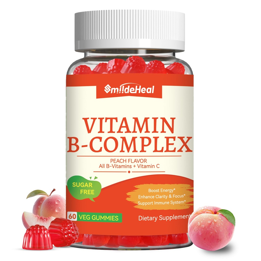 Vitamin B Complex Gummies for Women & Men - Vitamin B12, B1, B2, B3, B5, B6, B7 & B9 - B Komplex med vitamin C & Choline - Energy & Immune Support * - Vegan, Sugar Free, Peach Flavor - 60 Gummies
